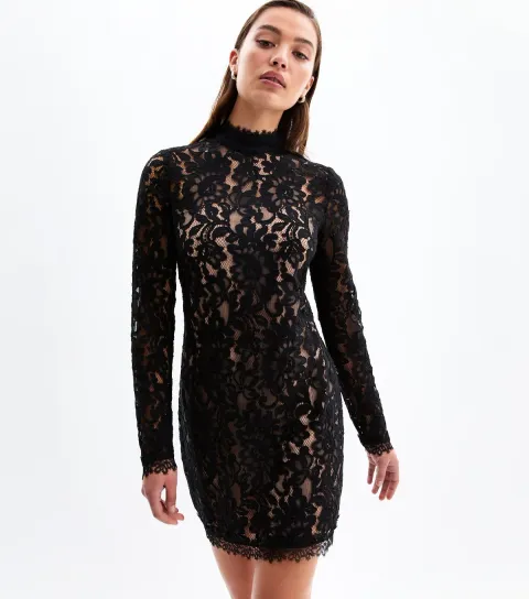 New Look Women's Black Lace High Neck Long Sleeve Mini Dress