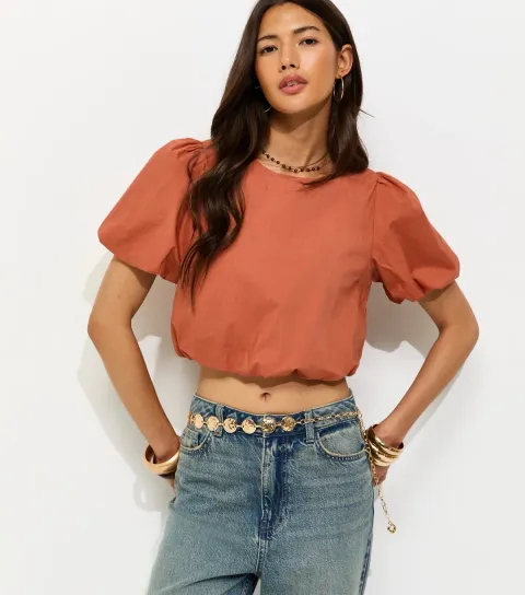 Women's Rust Poplin Bubble Hem Crop Top