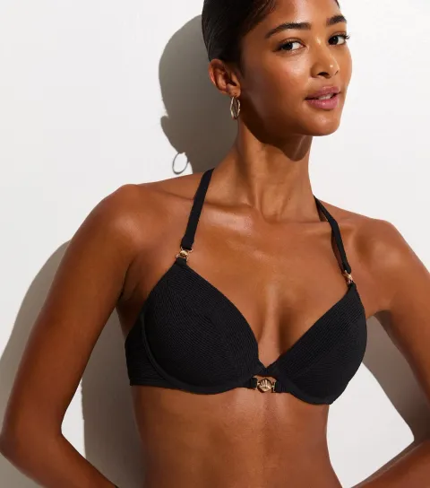 Women's Black Crinkled Shell Trim Underwired Bikini Top