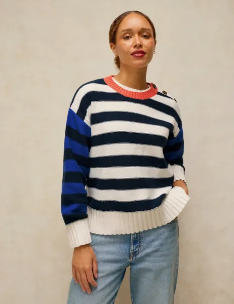 White Stuff Pure Cotton Colour Block Striped Jumper Ivory Mix