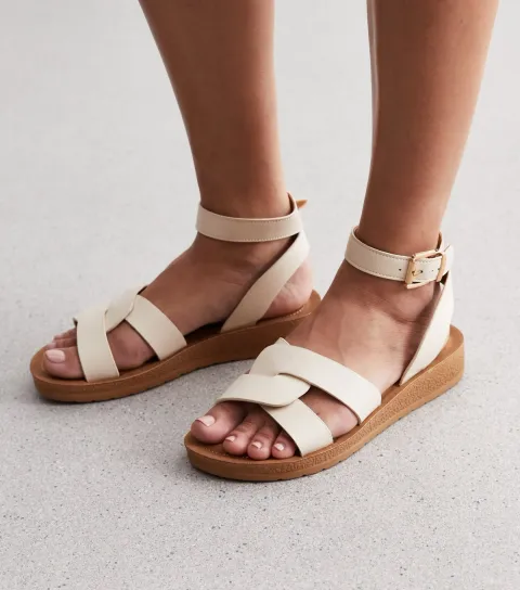 New Look Women's Wide Fit Off White Leather-Look 2 Part Footbed Sandals