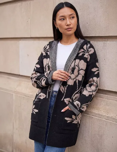 Roman Floral Hooded Cardigan Black Mix