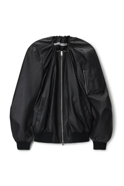 Leather scoop neck bomber jacket