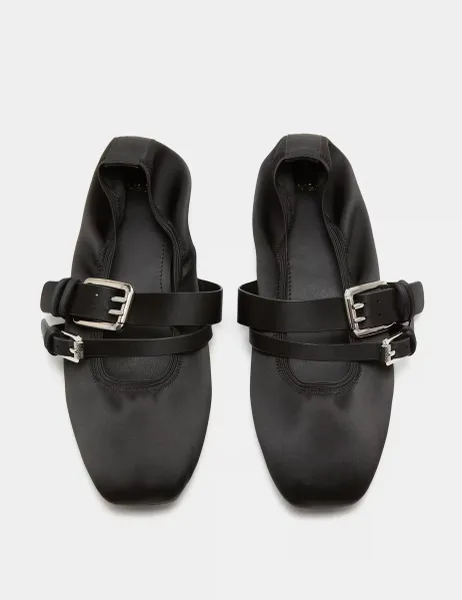 Marks & Spencer Satin Double Buckle Mary Jane Ballet Pumps Black Mix