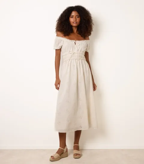 Women's Off White Broderie Anglaise Off The Shoulder Midi Dress