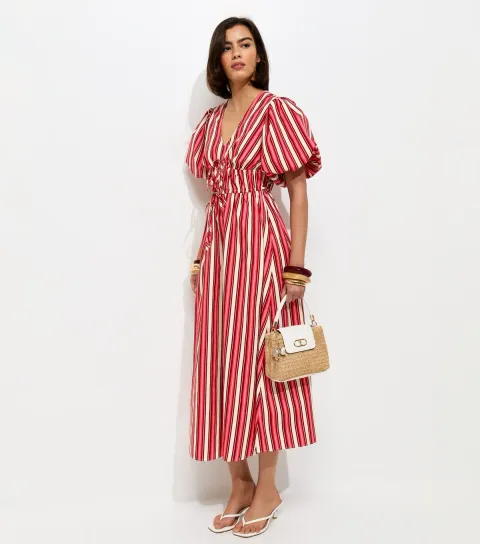 Women's Pink Cotton Striped Puff Sleeve Midi Dress