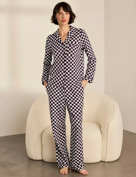 Chelsea Peers Cotton Rich Checkerboard Print Long Pyjama Set Burgundy