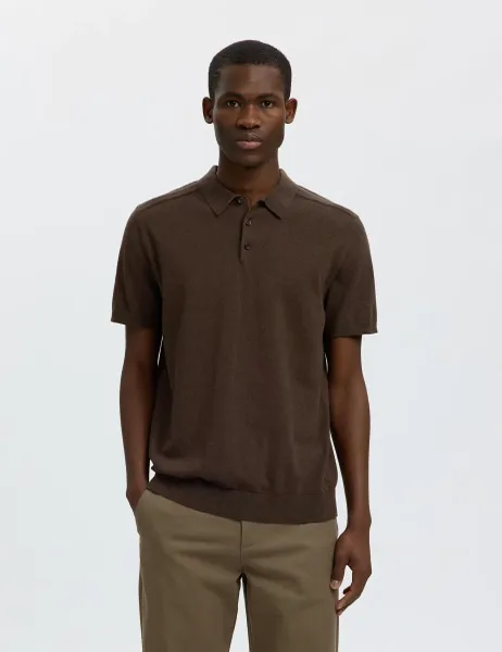 Selected Pure Cotton Knitted Polo Shirt Brown