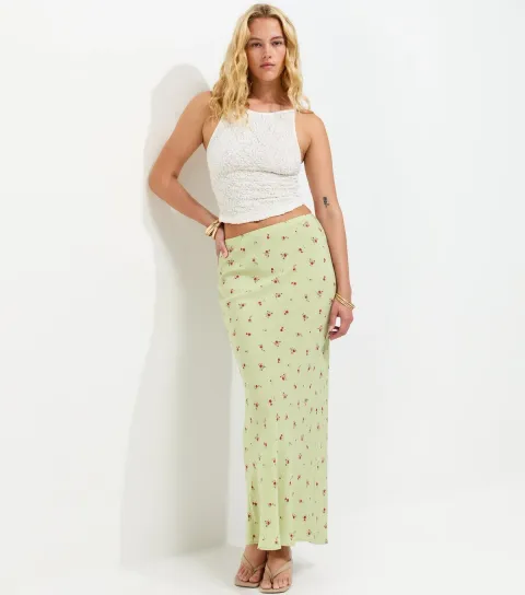 Women's Tall Green Ditsy Floral Bias Cut Midi Skirt