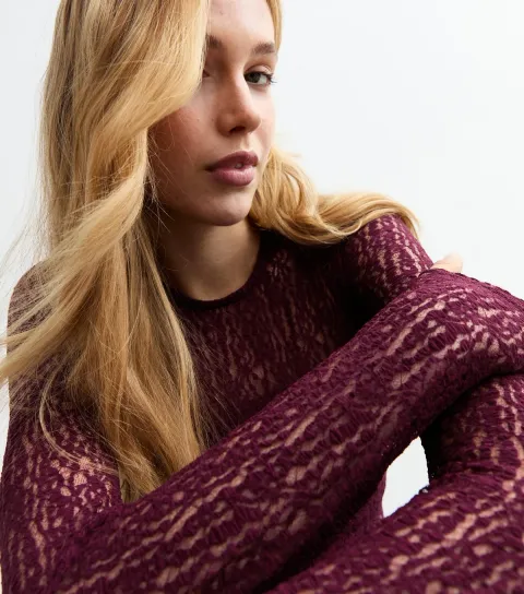 Women's Burgundy Mesh Stretch Long Sleeve Bodysuit