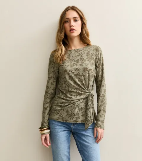 New Look Women's Khaki Jersey Floral Burnout Knot Long Sleeve Top
