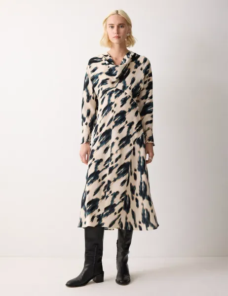 Jigsaw Printed Cowl Neck Midi Waisted Dress Cream Mix
