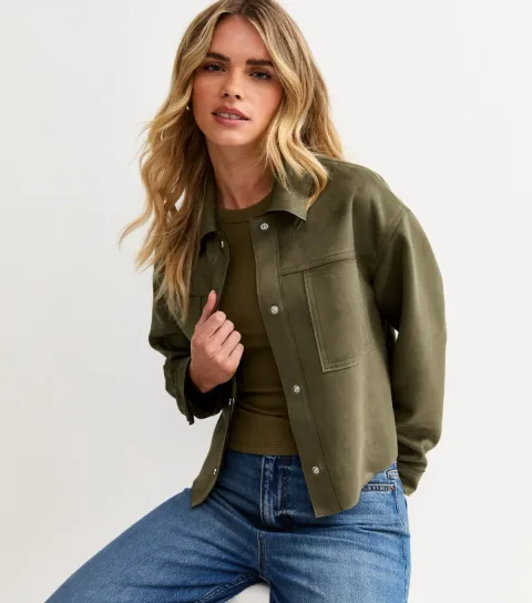 New Look Women's Petite Khaki Faux Suede Shacket