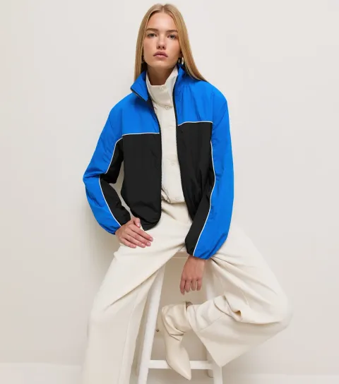Women's Blue Colour Block Zip Up Funnel Neck Windbreaker Jacket