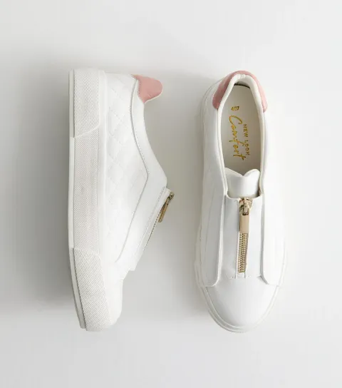 New Look Women's White Faux Leather Quilted Zip Front Trainers