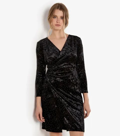 Women's Black Velvet Diamante Wrap Mini Dress