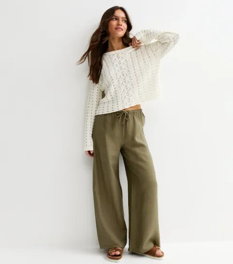 Women's Petite Khaki Drawstring Waist Wide Leg Trousers