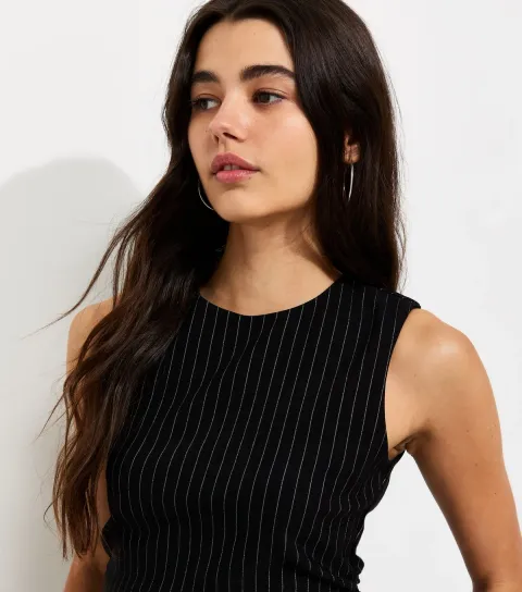 Women's Black Pinstripe Ruched Tiered Skirt Mini Dress
