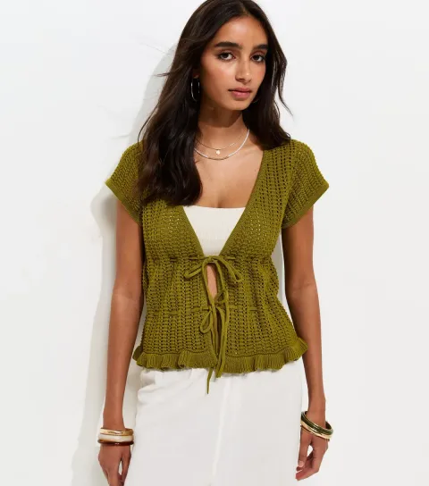 Women's Green Frilly Trim Tie Front Top