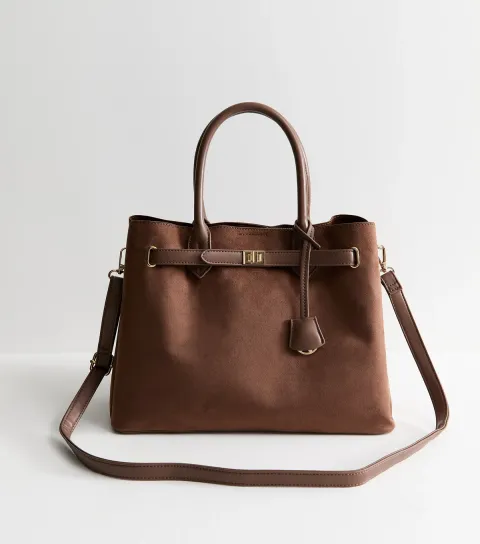 Mink Faux Leather and Faux Suede Belted Tote Bag