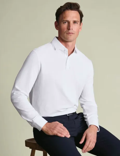 Charles Tyrwhitt Cotton Rich Pique Long Sleeve Polo Shirt White
