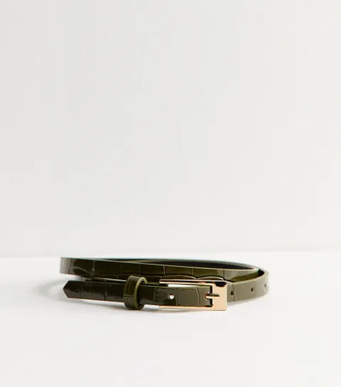 Dark Khaki Faux Leather Croc Embossed Skinny Belt