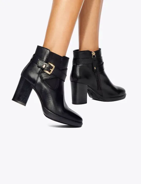 Kurt Geiger Leather Buckle Block Heel Ankle Boots Black