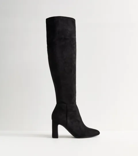 Women's Black Faux Suede Thigh High Boots Vegan