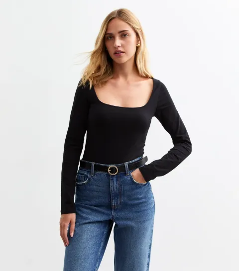 Women's Black Cotton Blend Square Neck Bodysuit