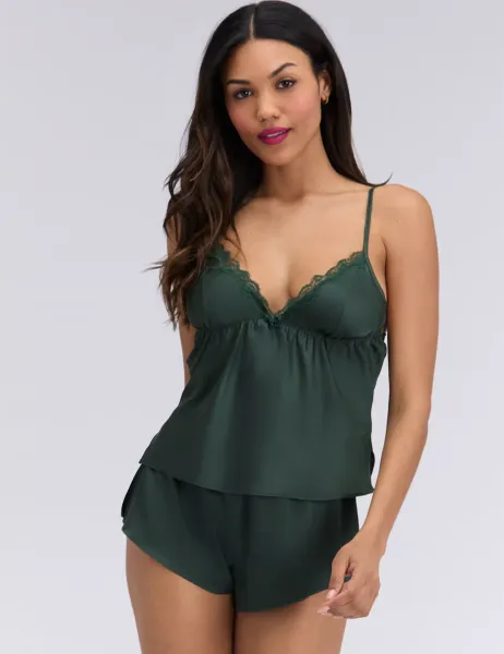 Boux Avenue Satin Lace Trim Cami Shortie Set Dark Green