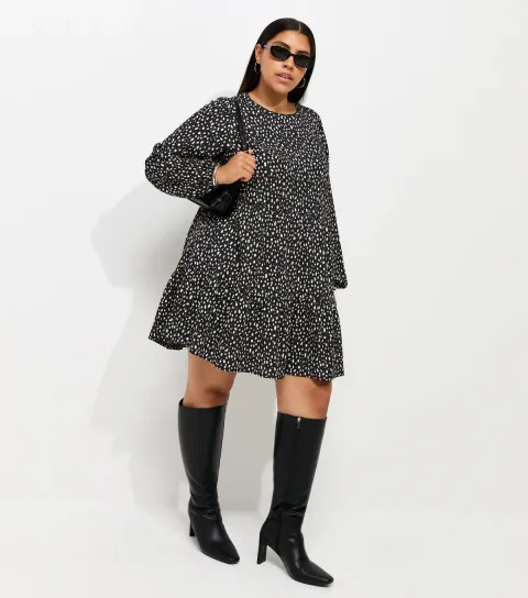Women's Plus Size Black Crinkle Texture Abstract Print Mini Smock Dress Curves