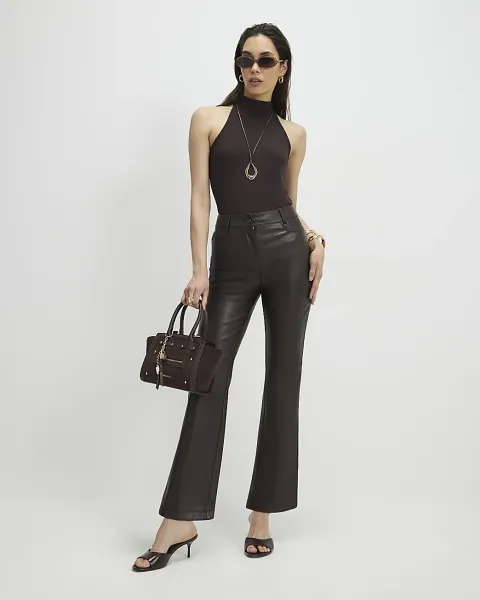 River Island Faux Leather Cropped Flared Trousers