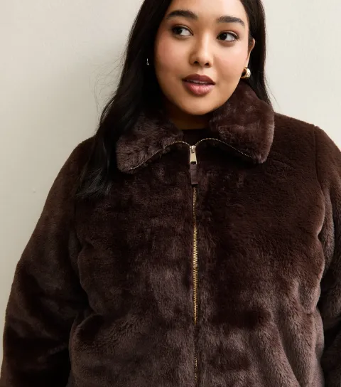Women's Plus Size Dark Brown Faux Fur Bomber Jacket Curves