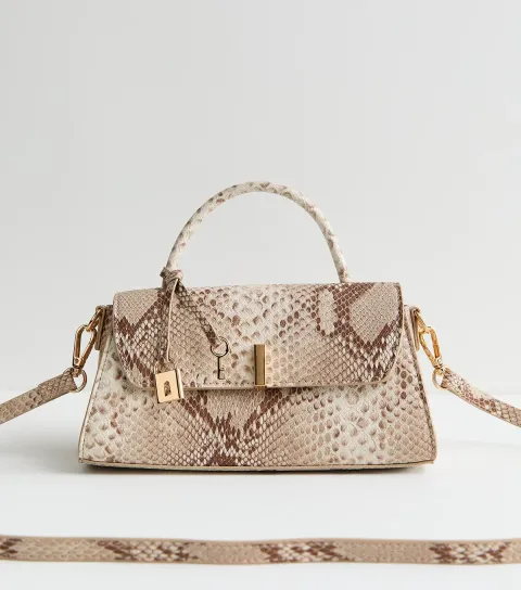 Grey Snake Effect Faux Leather Top Handle Bag