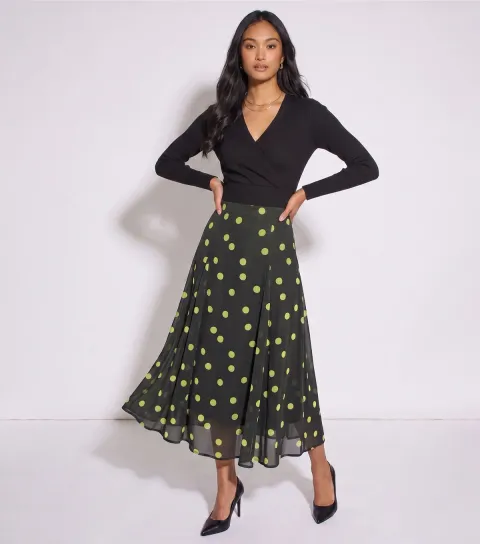 Gini London Women's Dark Green Polka Dot Chiffon Midi Skirt