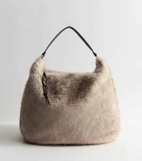 New Look Cream Faux Fur Hobo Shoulder Bag