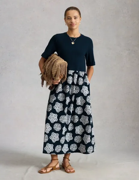 White Stuff Pure Cotton Printed Midaxi Skater Dress Navy Mix