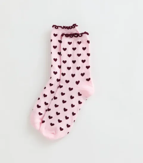 New Look Pink Cotton Rich Heart Print Frill Ankle Socks