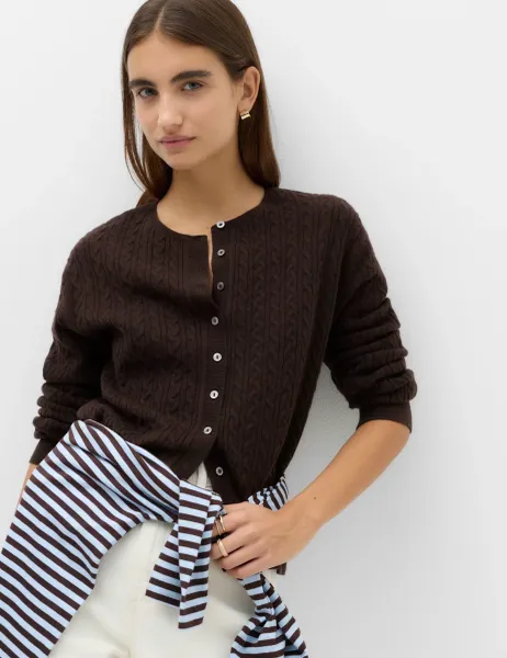 Marks & Spencer Air-Yarn Crew Neck Cable Knit Cardigan Bitter Chocolate