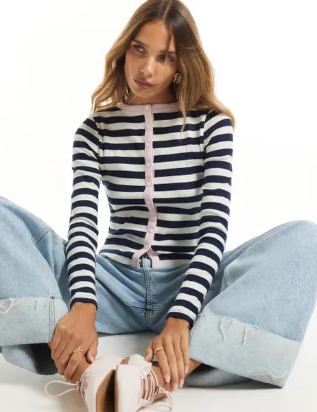 River Island Pure Cotton Striped Ribbed Cardigan