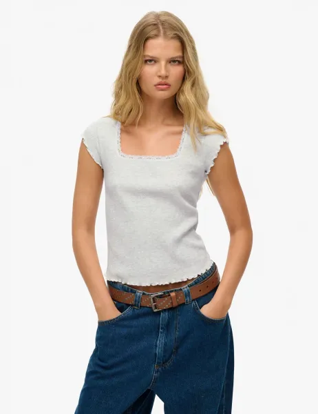 Superdry & Co Pure Cotton Ribbed Square Neck T-Shirt Light Grey