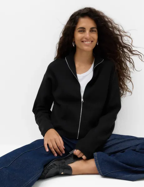 Marks & Spencer Rayon Rich Funnel Neck Zip Up Pocket Detail Knitted Jacket Black