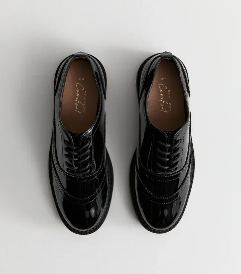 Women's Black Faux Leather Patent-Look Brogues Vegan