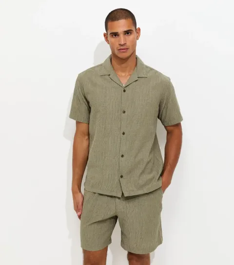 Men's Light Khaki Cotton Rich Jacquard Short Sleeve Shirt