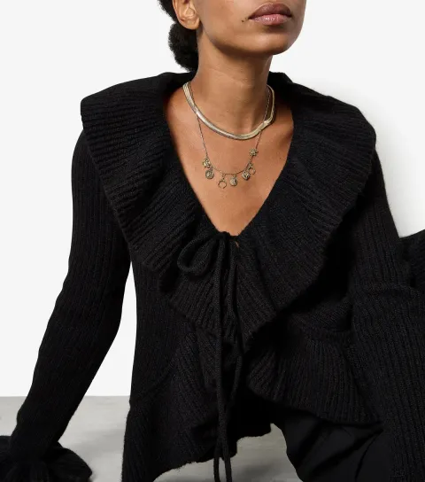 Women's Black Ruffled Tie Front Cardigan
