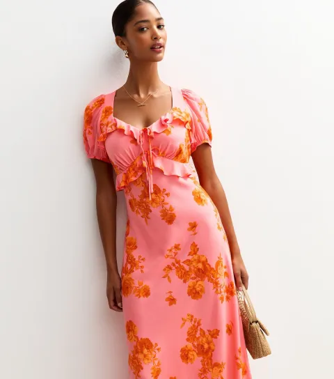 Women's Pink Floral Print Ruffle Trim Milkmaid Midi Dress