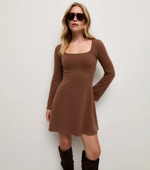 New Look Women's Dark Brown Long Sleeve Square Neck Mini Dress