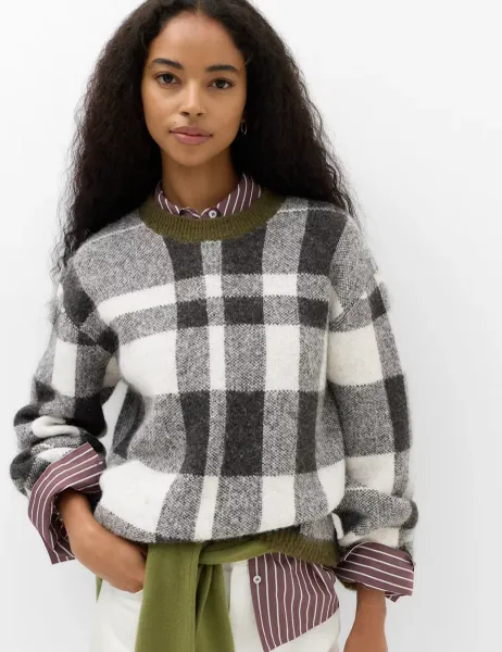Marks & Spencer Checked Crew Neck Jumper with Wool Dark Khaki