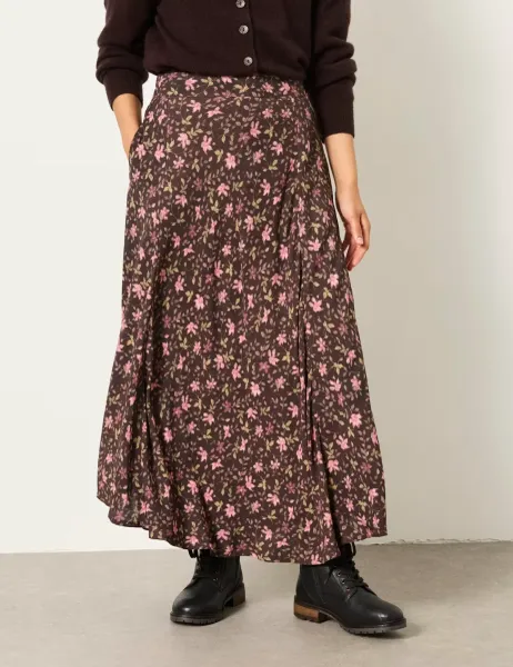 FatFace Floral Midi A-Line Skirt Brown Mix