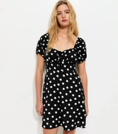 Women's Black Polka Dot Milkmaid Mini Dress